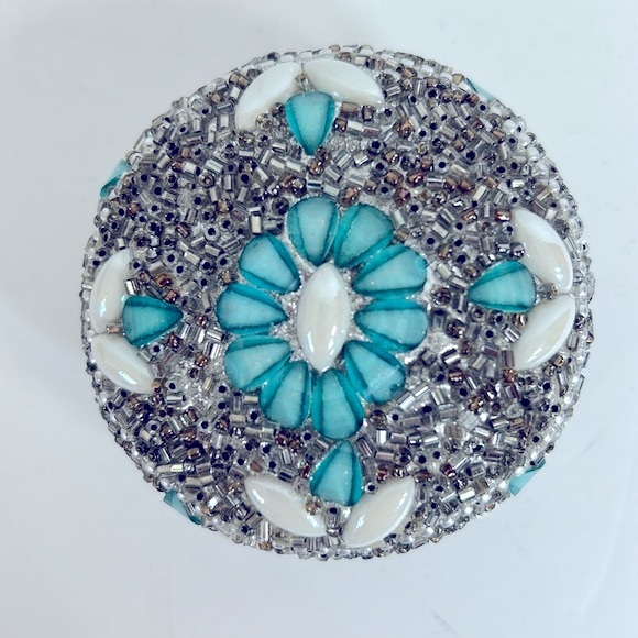 Handmade Bedazzled Silver Beaded Round Dome Trinket Box Jewelry Storage Case - Picture 2 of 10